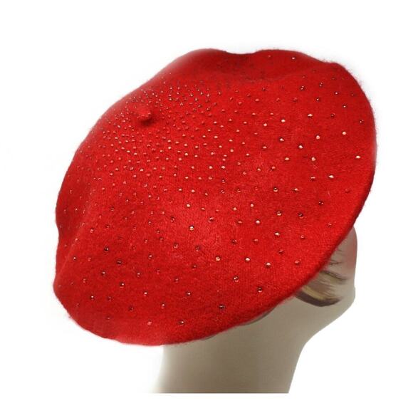Red Beaded Beret Wool Blend Vintage Inspired Classic Style Hat w Beads - Hey Viv - Picture 3 of 4